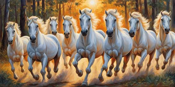 Eight White Horses Running with Rising Sun – Feng Shui Painting for Growth & Vitality